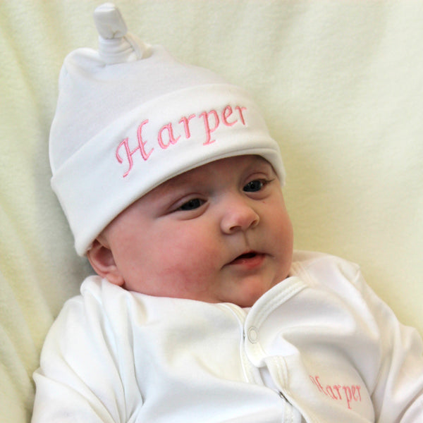 personalised baby knot hat white