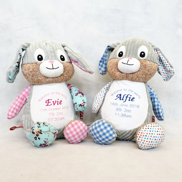Birth Announcement Sensory Patchwork Bunnies Evie, Alfie and Olivia & NEW MINT