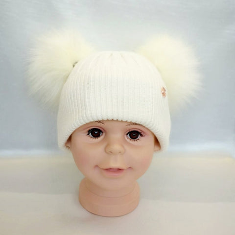 Cashmere Blend Double Pom Pom Hat - All White