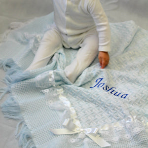 Personalised Baby Blanket Blue with ribbon trim