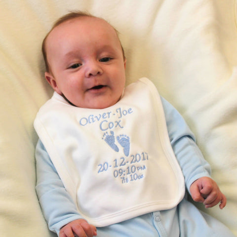 personalised baby bib birth announcement blue