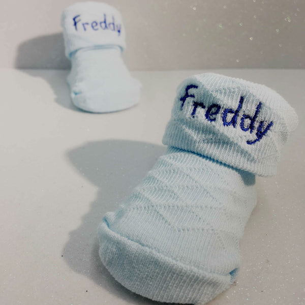 personalised blue baby sock booties 