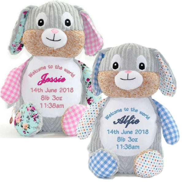 Birth Announcement Sensory Patchwork Bunnies Evie, Alfie and Olivia & NEW MINT